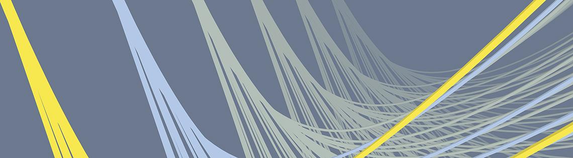 A group of yellow, blue and grey threads looks like a row of hammocks