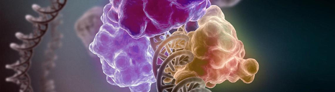 Double helix wrapped in purple, pink, and yellow bubble-like structure