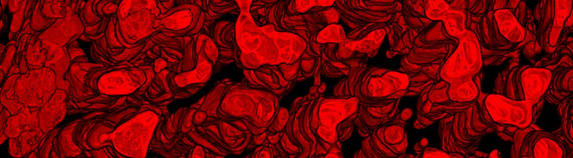 Red splotches representing mitochondrial networks on a black background