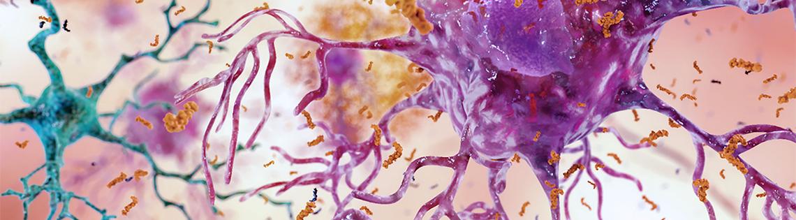 Scientific illustration of purple orb with branches extended with gold and blue squiggles floating alongside