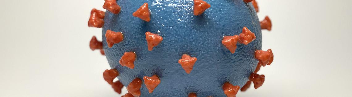 A model of the Covid spike protein: A large blue ball covered with protruding red spikes sits on a white base.