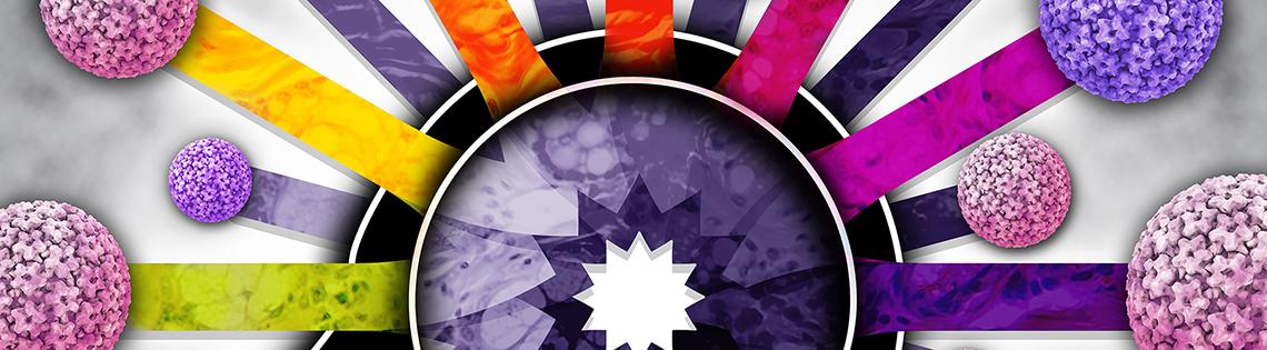 Side view of human head with colorful sticks emanating from white star in center, radiating out to pink and purple circles