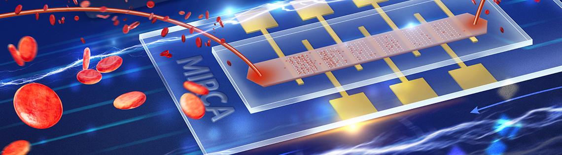 Illustration of blue rectangular bar with yellow tabs. A long red strip lies on top with red droplets pouring in one end and flowing out the opposite end.