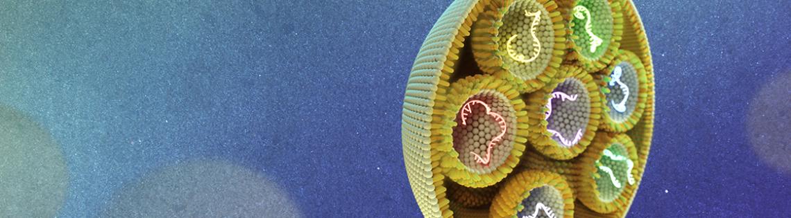 A big circle with 7 smaller circles inside each with a squiggle and filled with dots