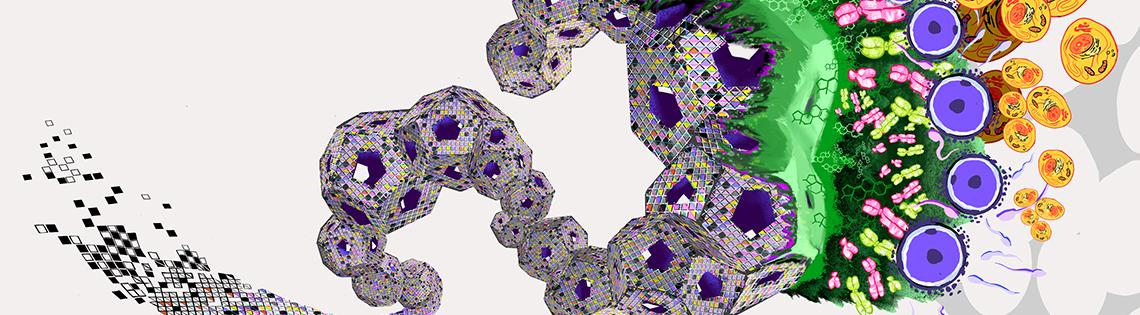 scientific illustration featuring coiling gray globes, extending from a green oval , multicolor bubbles, purplish circles and gold bubbles