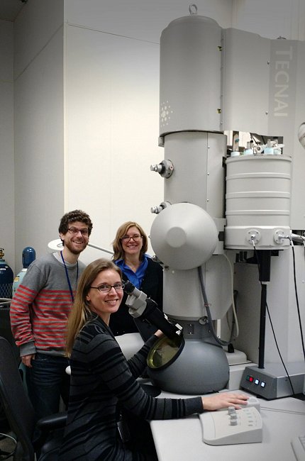 Scientists seated at cryo-EM microscope