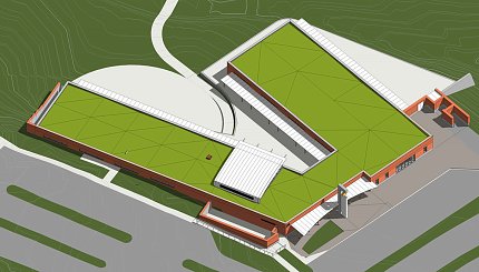 Computer-generated drawing of aerial view of new daycare center being built on the NIH campus