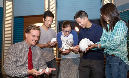 Five people examine the anatomical models they hold in their hands.