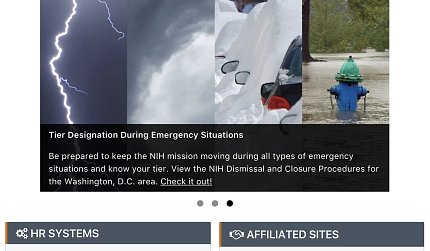 four panels featuring images of lightning, clouds, snow, hydrant awash in flood