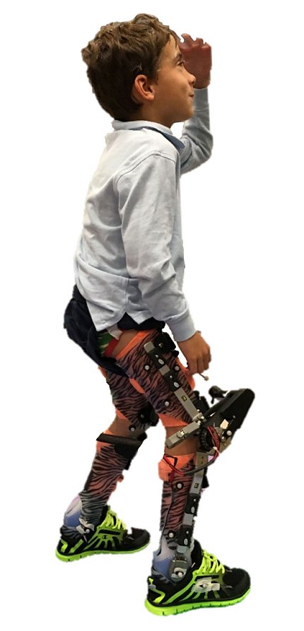 custom-designed A child wears motorized assembly for providing knee-extension assistance during walking.