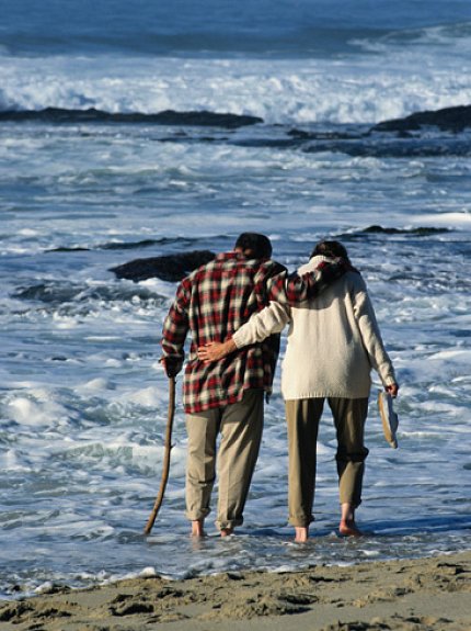 A couple walking arm-in-arm along the shore.