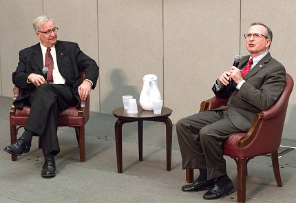 Dr. Levy and NHLBI's Dr. Goff sit together discussing Framingham study