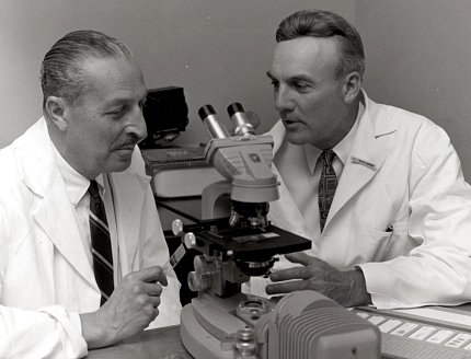 Doctors at microscope