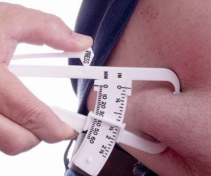 A caliper pinches a person's belly fat.