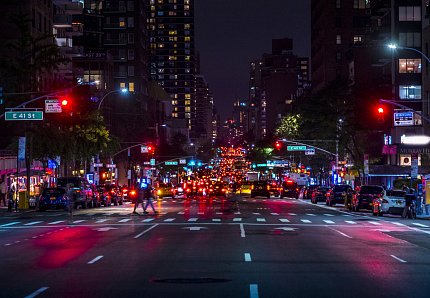 Well-lit urban night scene
