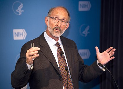 Mehler gestures with his hands during presentation.