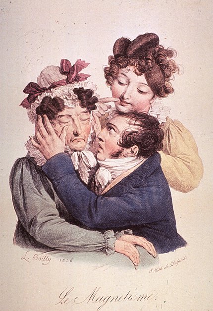 An 1826 lithograph showing a man hynoptizing a woman, with another woman looking on