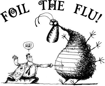 A cartoon man in a white lab coat fences with a cartoon flu virus that looks like a bug