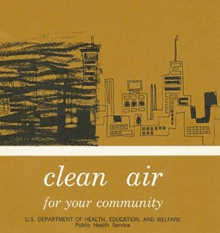 Cover of Clean Air booklet shows drawing of a city skyline with dark, ominous smog approaching from the left.