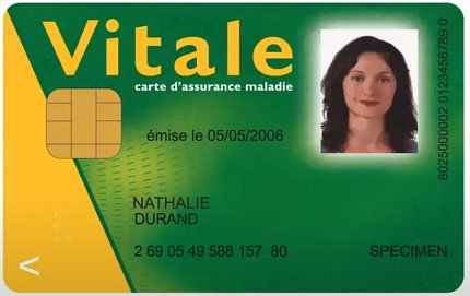 A green and yellow card with a woman's photo, numbers and gold scannable chip