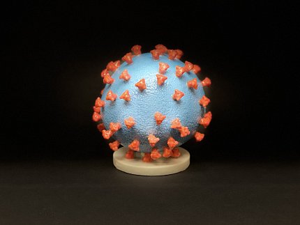 A blue ball with protruding orange spikes sits on a wooden base.
