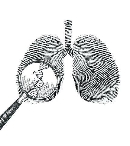 line illustration of lungs with magnifying glass hovering over left lung