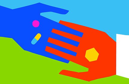 A colorful graphic shows an orange hand holding a pill interlocking fingers with blue hand, holding a pill and a capsule.