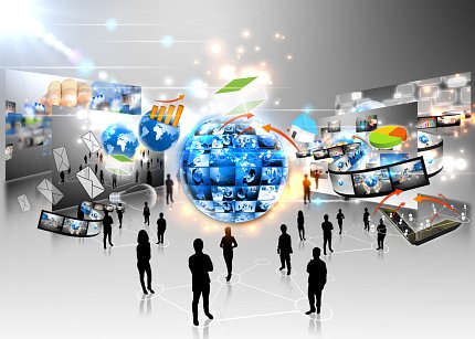 illustration featuring silhouettes of several people with images of devices and screens floating around in space behind them