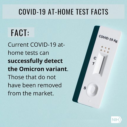 A poster shows a testing card and reads: Fact: Current Covid-19 at-home tests can successfully detect the Omicron variant.