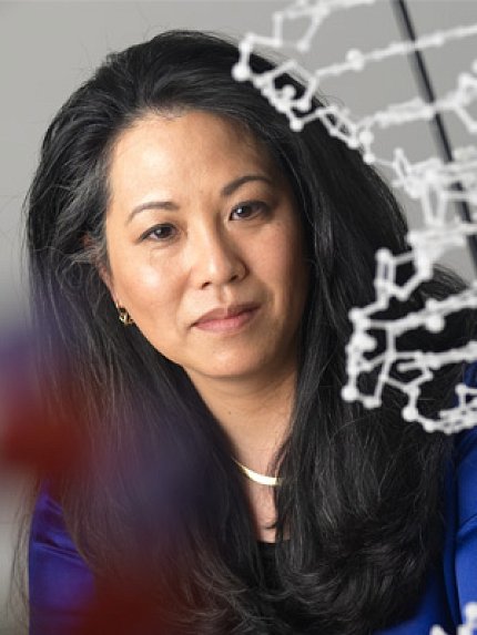 Dr. Ota Wang stares into the camera. Her long black hair mostly covers her blue top. A white model sits in the left foreground.