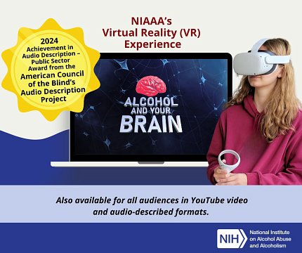 Graphic depicting a television screen that reads "Alcohol and your brain." A girl wearing a VR headset sits beside the tv.