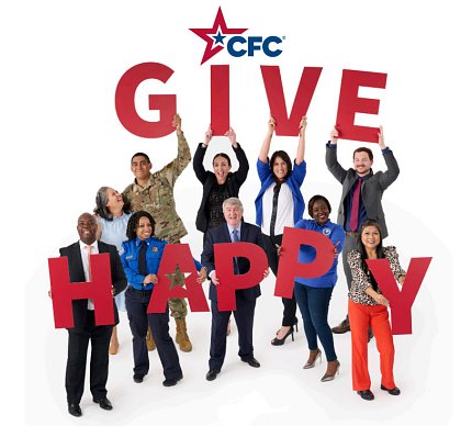Federal employees hold up red letters that spell out "Give Happy"