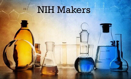 Image of lab equipment on a dark surface with the "NIH Makers" logo above. The left side of the photo is yellow and transitions to blue on the right.