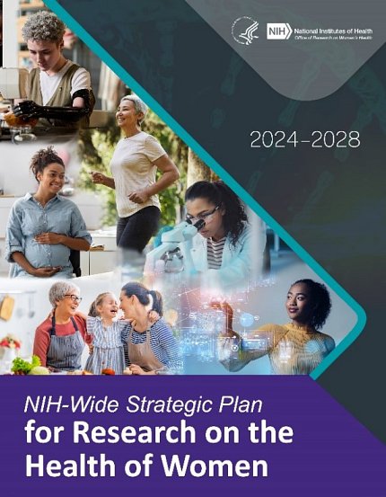 publication cover image of women in various roles pictured, with title overlaid, NIH-Wide Strategic Plan for Research on the Health of Women 2024-2028