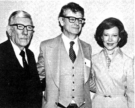 b&amp;w scan of photo of two men wearing suits alongside First Lady Rosalynn Carter