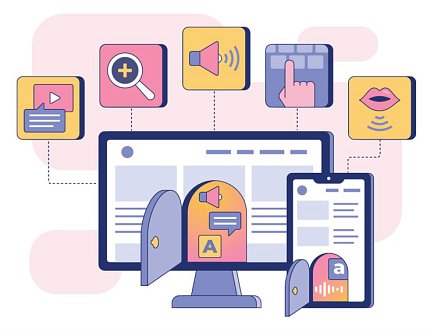 Colorful images of magnifying glasses, monitors and tablets
