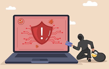 A rendering of a laptop with an exclamation point on the screen and a person holding a loot bag crouching beside