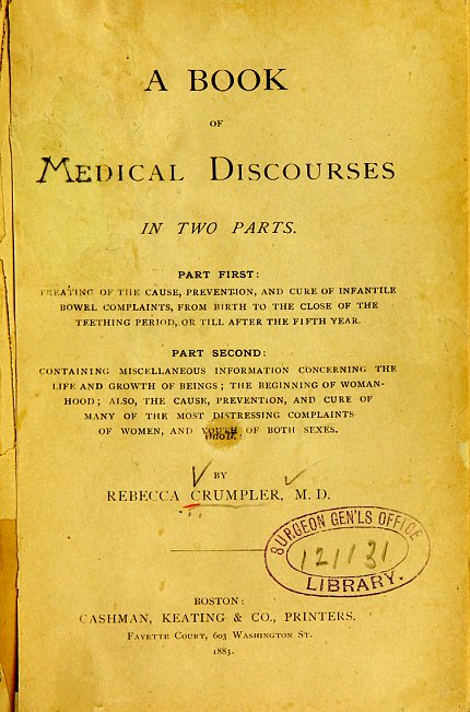 Yellowed cover page of Crumpler’s A Book of Medical Discourses, 1883