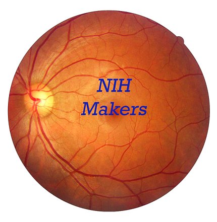 Image of an eyeball, orange with blood vessels, and "NIH Makers" text