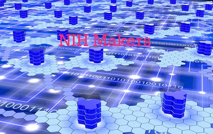 illustration featuring blue and white hexagons stacked in towers, among zeroes and ones, symbolizing computer coding and app design