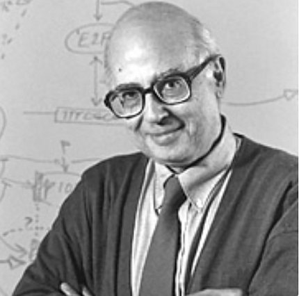 A black and white photo of a bespectacled Kohn, who is wearing a suit and tie and stands against a whiteboard depicting a flow chart.