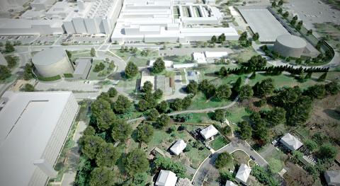 Rendering of birdseye look at two new cylindrical water tanks