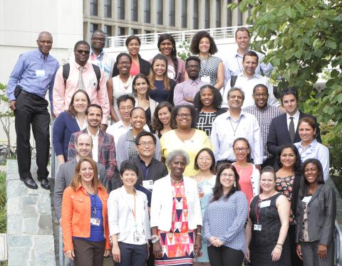 Crowd of young scientists gathers outdoors
