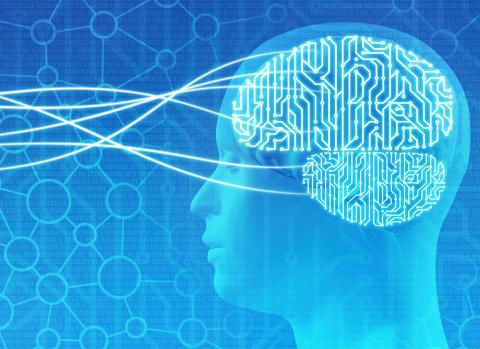 Side view of human brain with white wavy lines against blue background