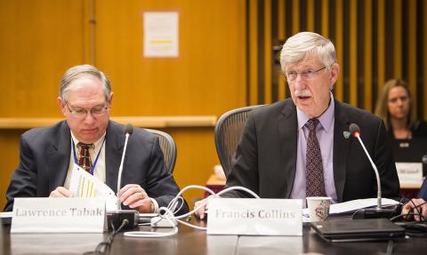 Dr. Collins, alongside Dr. Tabak, delivers remarks