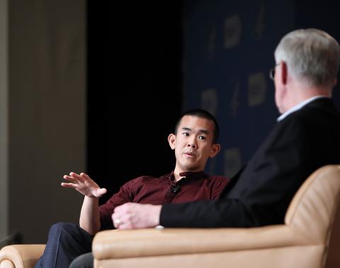Author Ed Yong on stage with NIH director Dr. Francis Collins at the Big Read event