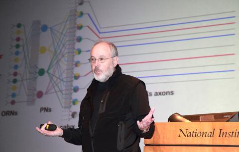 Rubin gesturing in front of podium with slide projected behind him