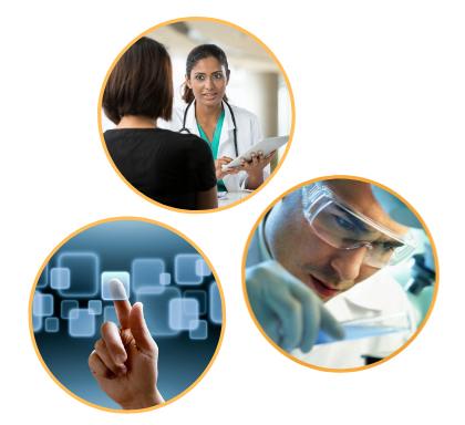 Three circle photos--woman with stethoscope, hand pointing to keys, scientist wearing goggles--floating