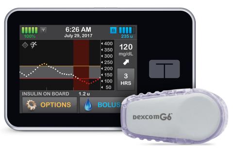 A small electronic screen shows a white wave and green bars tracking a patient's glucose level.