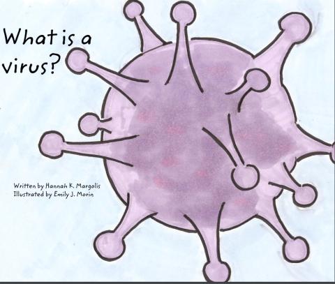Cover of online children's book, titled, "What is a Virus," features a large spiky drawing of a coronavirus.